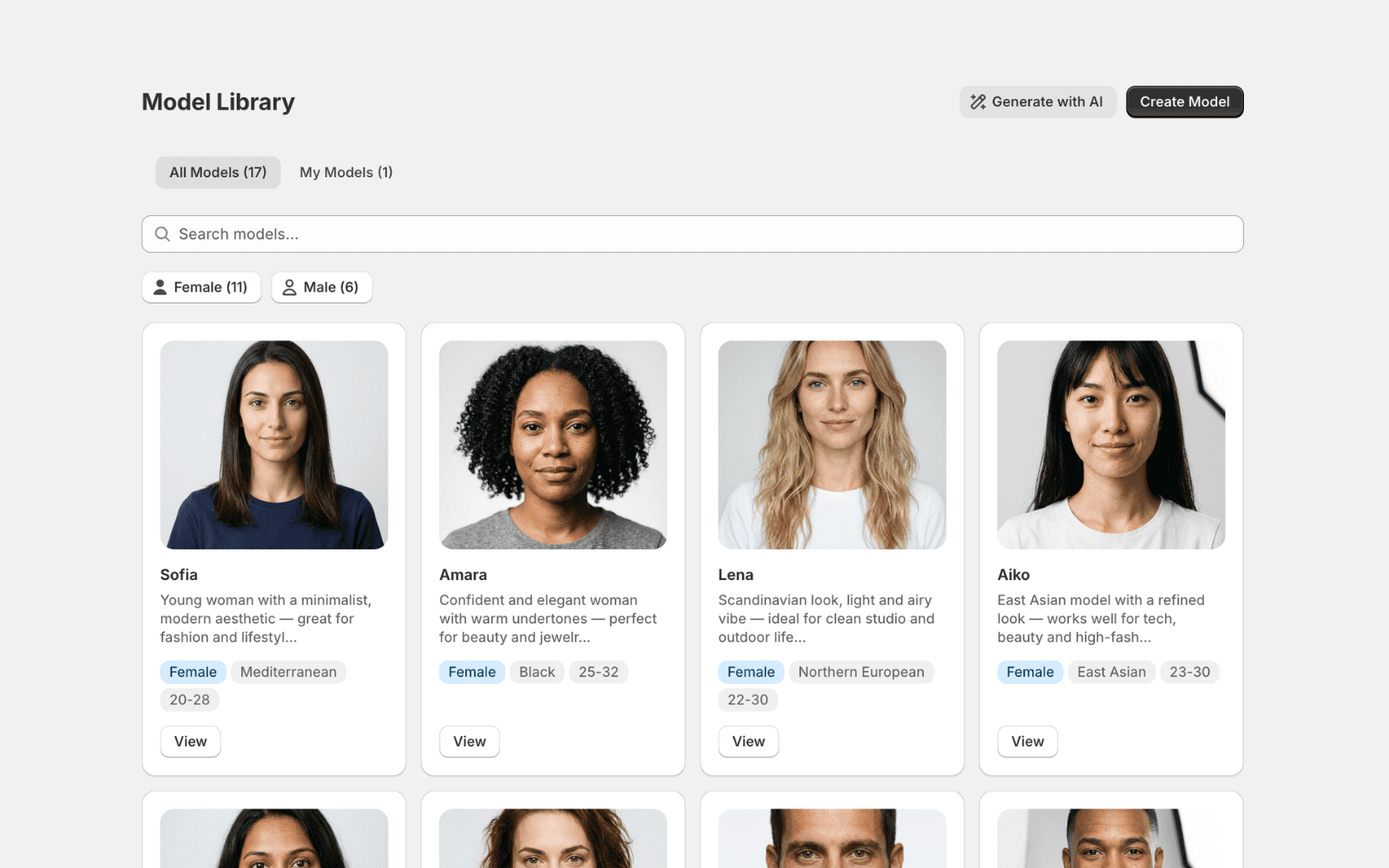 AI-generated fashion models for e-commerce product photography with diverse body types and styles