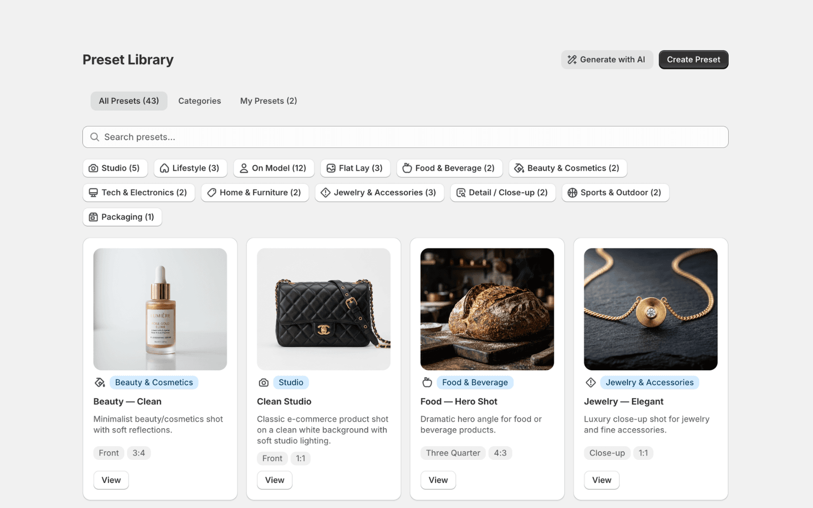 Same product photographed in four different preset styles - studio, outdoor, editorial, and golden hour